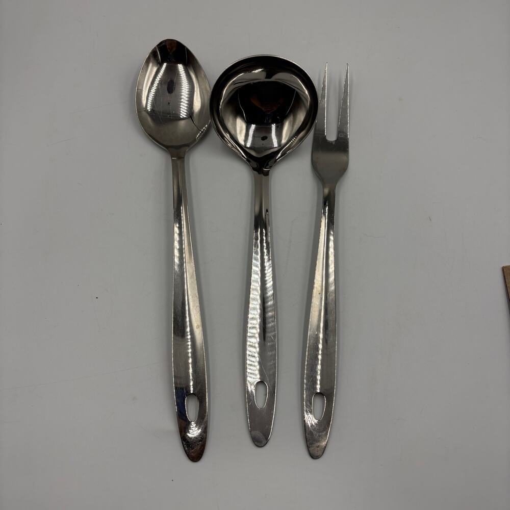 Vintage Stainless Steel Serving Utensils 3 Pc Ladle Spoon Meat Fork MCM